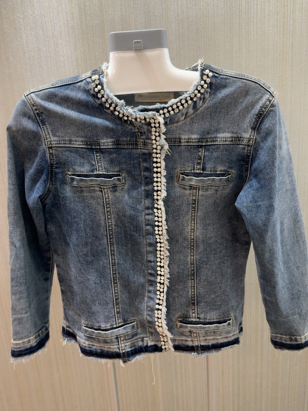 RB Collection Privée Pearl Embellished Denim Jacket Raw Edge